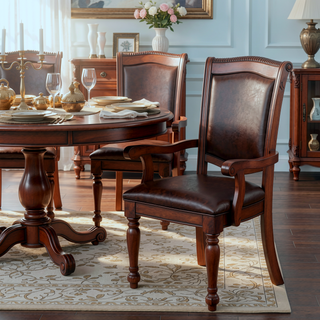 Sunvega Traditional Style Brown Cherry Finish Wooden Dining Armchairs with Upholstered Seat