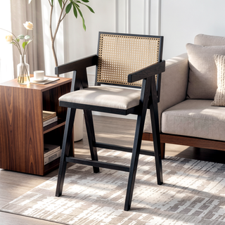 Sunvega Cream Grey Woven Cane Plastic Backrest Bar Stool with Foam-Padded Fabric Seat