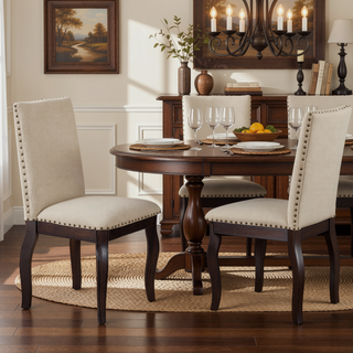 Sunvega Set of 4 Natural Wood Wash Upholstered Fabric Dining Chairs with Nailhead Trim
