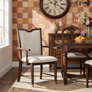 Sunvega Transitional Upholstered Arm Chair with Gold Capped Legs and Dark Cherry Finish