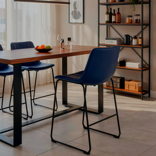 Sunvega Blue Faux Leather Upholstered Bar Chair Set with Channel Tufting