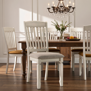 Sunvega Tan and Cream Upholstered Side Chair with Slatted Wood Back and Padded Seat