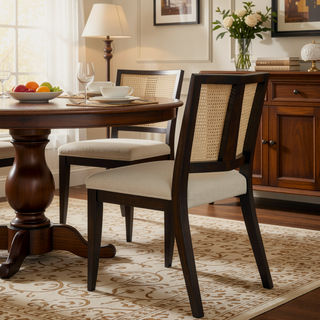 Sunvega Mid-Century Modern Rattan Dining Chairs with Upholstered Seats Set of 2