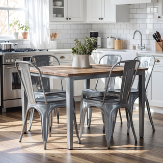 Sunvega Set of 4 High Gloss Silver Industrial Metal Dining Chairs for Kitchen Cafe Bar