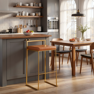 Sunvega Gold and Camel Faux Leather Upholstered Fixed Bar Height Stools Set of 2