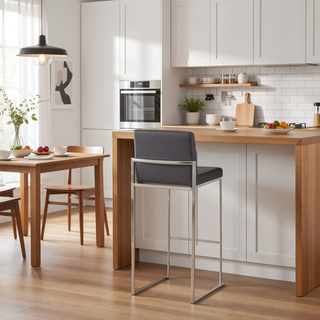 Sunvega Fuji High Back Barstool Set of 3 in Stainless Steel and Grey Faux Leather