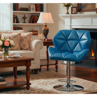 Sunvega Blue PU Leather Diamond-Tufted Swiveling Adjustable Height Bar Stools Set of 2
