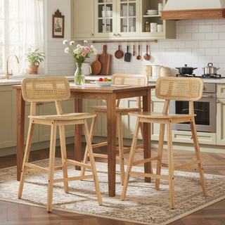 Sunvega Natural Wood Barstool Set with Rattan Backrest and Curved Seat