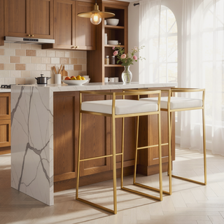 Sunvega Gold and White Faux Leather Upholstered Stackable Barstool Set of 3