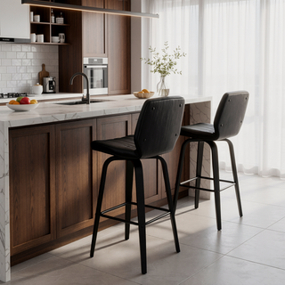 Sunvega 30 Inch Swivel Gray Faux Leather and Black Wood Bar Stool