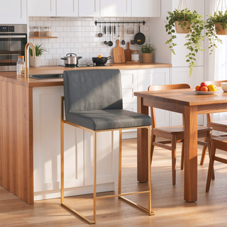 Sunvega Contemporary High Back Counter Stool with Padded Seat in Gold Steel and Grey Faux Leather