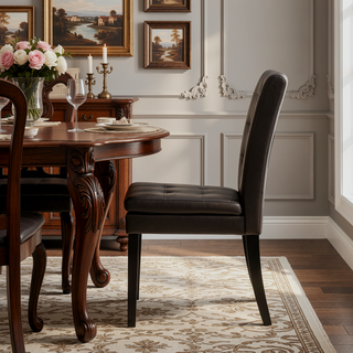 Sunvega Brown Bonded Leather Tufted Back Dining Chairs Set of 2 for Modern Dining