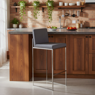 Sunvega Fuji Contemporary High Back Barstool in Stainless Steel and Grey Faux Leather
