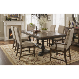 Sunvega Traditional Brown Wooden Dining Chairs with Beige Textured Fabric Upholstery