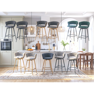 Sunvega 360 Swivel Bar Stools with Cotton Linen Cushions and Electroplated Metal Frame