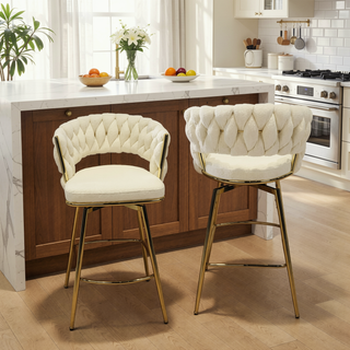 Sunvega Toweling Woven Swivel Bar Stools Set of 2 with Golden Legs and Back