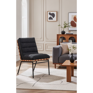 Sunvega Boucle Upholstered Chair with Cognac PU Leather Detailing and Black Iron Legs
