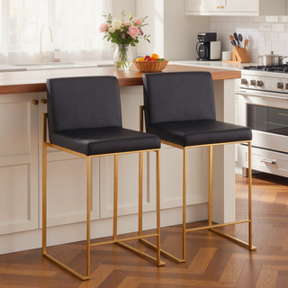 Sunvega Gold Steel and Black Faux Leather High Back Counter Stool Set of 2