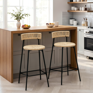 Sunvega Hand Woven Paper Rope Bar Stools with Backrest and Footrest for Kitchen Island