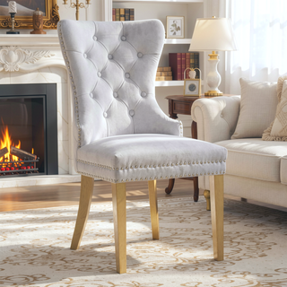 Sunvega Gold Velvet Upholstered Dining Chair with Lion Head Accent and Quilted Back