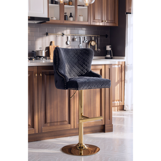 Sunvega Velvet Bar Chair Stool with Diamond Lattice Back and Golden Lion Head Pull Ring