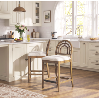 Sunvega Arched Back Wood and Upholstered Counter Stool Set of 2 in Ivory White Boucle