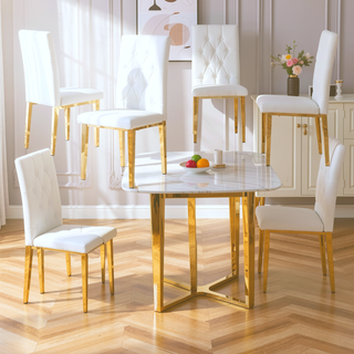 Sunvega White PU Dining Chairs with Grid Quilting and Gold Metal Legs 4-Piece Set