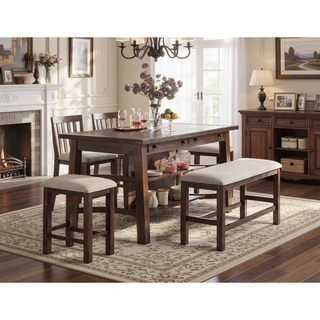 Sunvega Rustic Oak Counter Height Stools with Beige Fabric Cushion and Slat Back