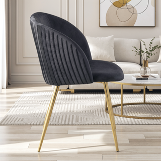 Sunvega Fran Pleated Contemporary Chair in Gold Metal and Black Velvet Set of 2