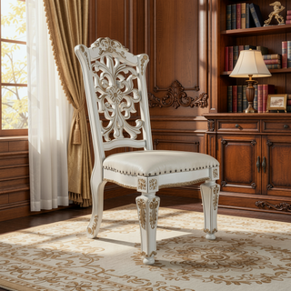 Sunvega Antique Pearl Finish PU Leather Side Chair with Floral Molding Wood Backrest