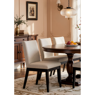 Sunvega Beige Upholstered Side Dining Chair with Black Wood Frame Set of 2