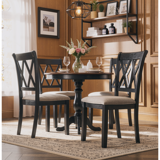 Sunvega Black Rubberwood Upholstered Dining Chairs with Tan Linen-Look Set of 2