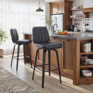 Sunvega 30 Inch Swivel Gray Faux Leather and Black Wood Bar Stool
