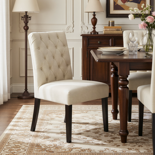 Sunvega Ivory Linen Upholstered Tufted Dining Chairs with Rolled Top Set of 2
