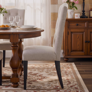 Sunvega Beige Linen Upholstered Dining Chairs with Tufted Back and Tapered Legs (Set of 2)