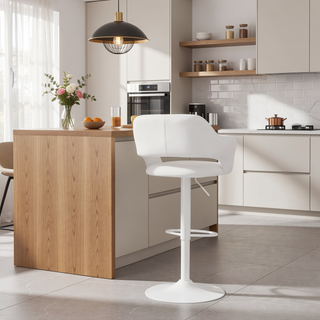 Sunvega Adjustable Swivel Bar Stool with White Metal Base and Leather Look Fabric