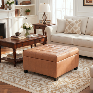 Sunvega Fabric Ottoman with Tufted Waffle Lid and Soft-Closing Hinges for Storage
