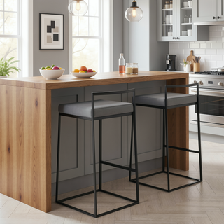 Sunvega Black Metal Counter Stool Set with Grey Faux Leather Cushion