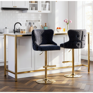 Sunvega Velvet Bar Chair Stool with Diamond Lattice Back and Golden Lion Head Pull Ring