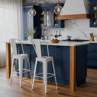 Sunvega White Metal Counter Height Stools with Curved Back and Footrest Set of 2
