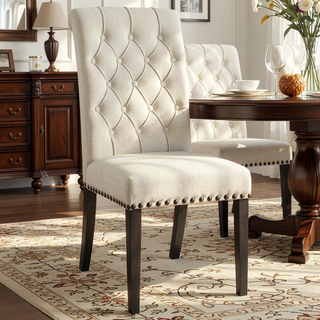 Sunvega Sand and Rustic Espresso Tufted Side Chairs with Rolled Backrest and Padded Seat