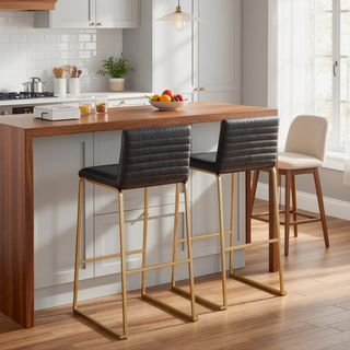Sunvega Mason Mara Contemporary Fixed-Height Barstool with Gold Metal Walnut Wood Grey Faux Leather