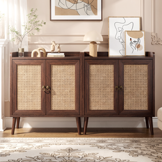 Sunvega Medieval Style Buffet Cabinet with Rattan Doors and Baffle Strip Design