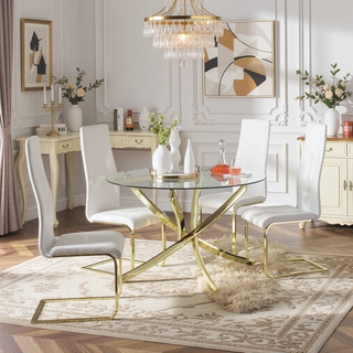 Sunvega White and Gold Upholstered Dining Side Chair with Softly Padded High Back