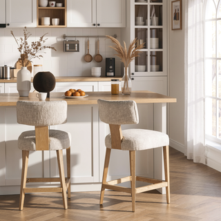 Sunvega Penny Round Arched Upholstered Counter Stool Set of 2 in Travertine Beige Chenille