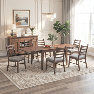 Sunvega Walnut Finish Extendable Dining Table with Self Storing Leaf Wooden Furniture