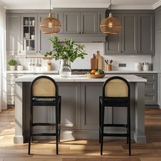 Sunvega Natural Oak and Cane Rattan Counter Stools with Black Boucle Upholstery