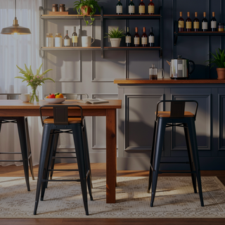 Sunvega Industrial Low Back Barstool Set of 2 in Black Metal and Wood
