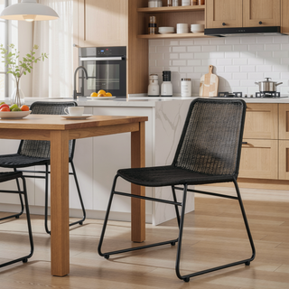 Sunvega Brown Faux Rattan Metal Dining Chair with Sled Base Set of 2
