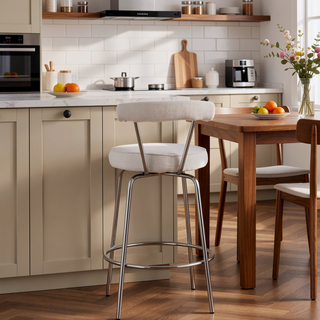 Sunvega Art Deco-Inspired Chrome and Cream Fabric Counter Stool with Swivel Seat